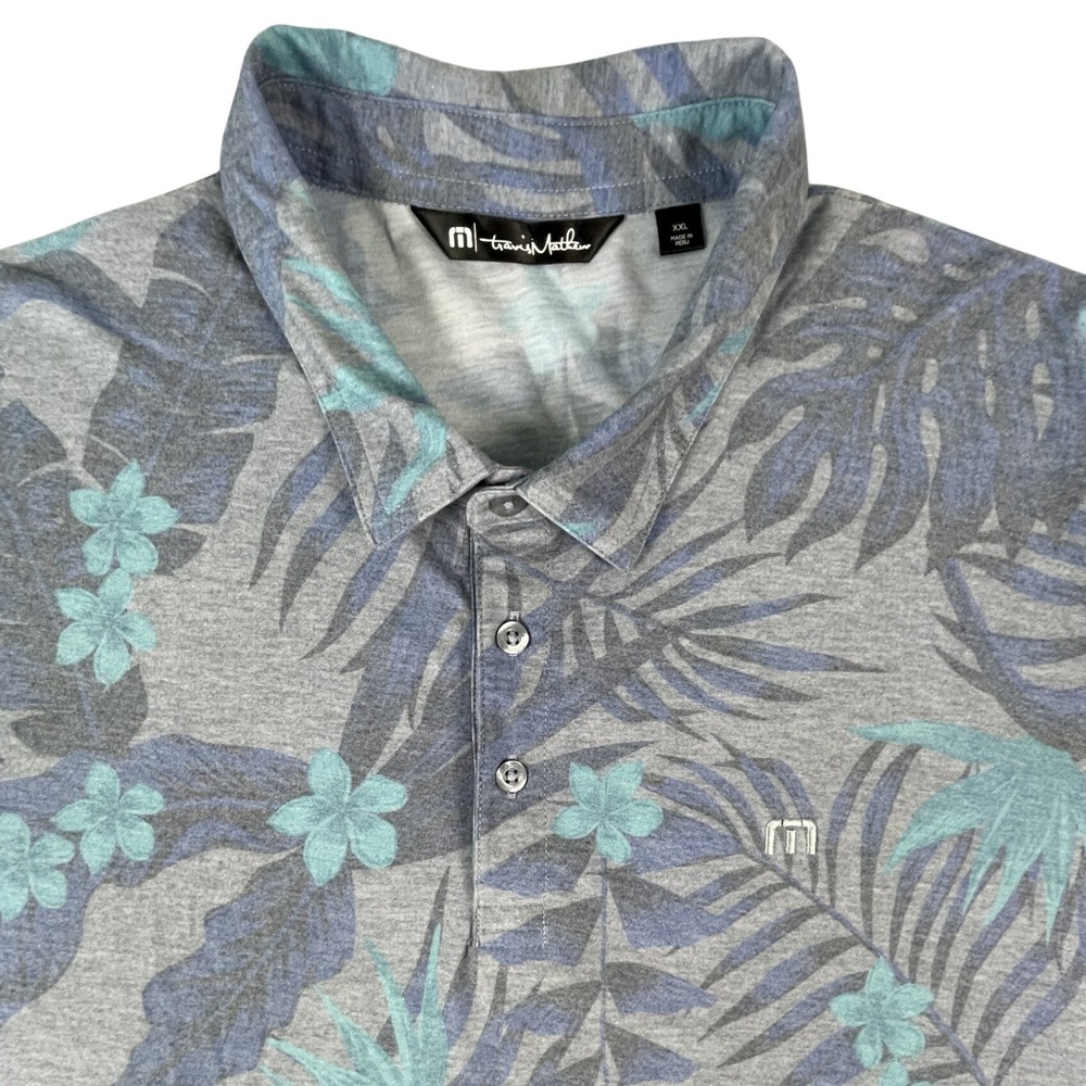 TravisMathew Polo Mens XXL Gray Tropical Floral Palm Leaf Pima Cotton Shirt